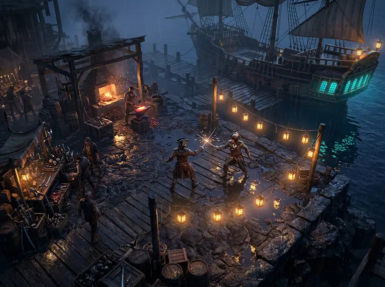 Duello di spada in visuale isometrica su un molo pirata notturno tra una forgia ardente e banchi del mercato.