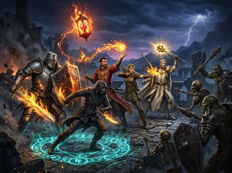 Squadra di cinque eroi fantasy schierata su un ponte in rovina contro un'orda di orchi e non-morti sotto la luce di una gemma ardente.