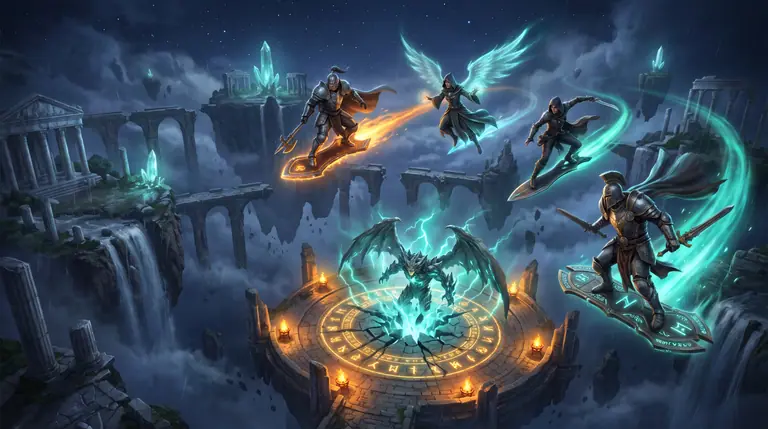 Avventurieri in volo tra isole sospese illuminate da lanterne ambrate e rune turchesi in un mondo MMORPG 3D.
