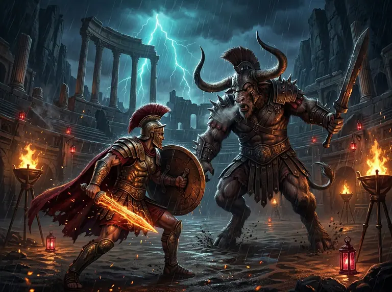 Gladiatore in armatura di bronzo che affronta un centurione mitologico nell'arena notturna illuminata da bracieri.
