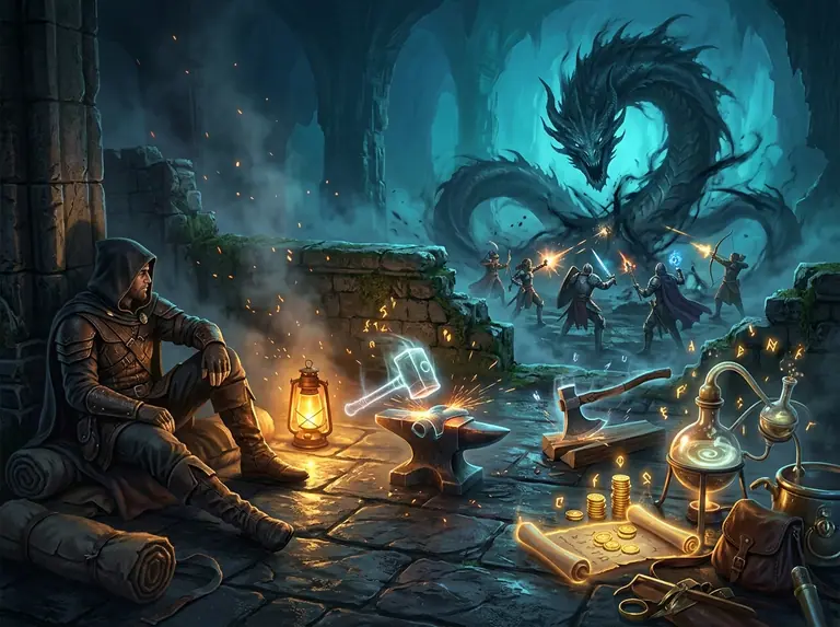 Avventuriero presso un banco di forgiatura automatico mentre sullo sfondo una gilda affronta un drago d'ombra.