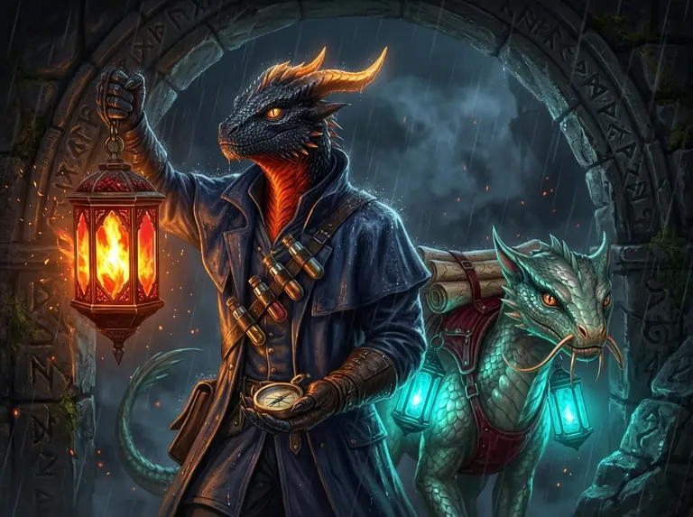 Ritratto ravvicinato di Draviano Vael e Lumina Sferza mentre esaminano una bussola d'ottone alla luce della Lanterna Drago.